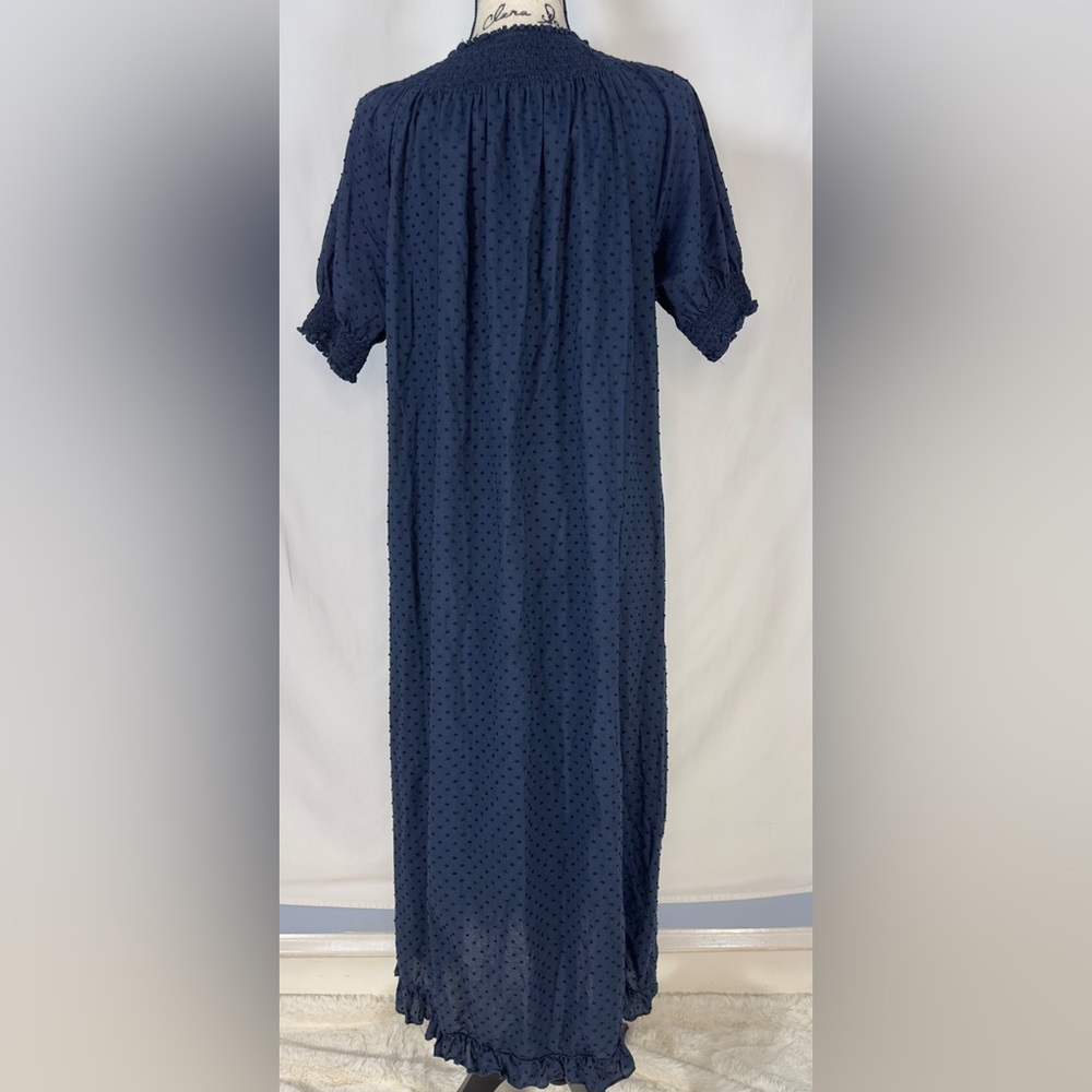 Quince Swiss Dot  Midi Nap Dress Smocked Neck Puff Sleeve XL Navy Blue Cotton - Picture 3 of 6